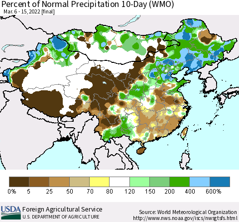 China, Mongolia and Taiwan Percent of Normal Precipitation 10-Day (WMO) Thematic Map For 3/6/2022 - 3/15/2022
