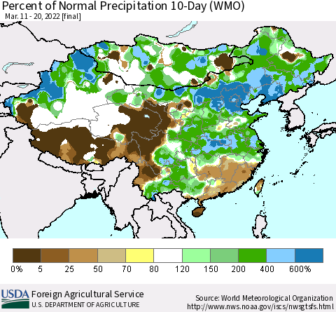 China, Mongolia and Taiwan Percent of Normal Precipitation 10-Day (WMO) Thematic Map For 3/11/2022 - 3/20/2022