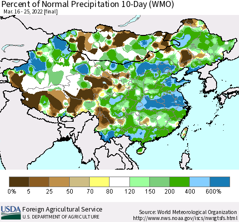 China, Mongolia and Taiwan Percent of Normal Precipitation 10-Day (WMO) Thematic Map For 3/16/2022 - 3/25/2022
