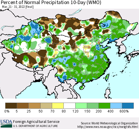 China, Mongolia and Taiwan Percent of Normal Precipitation 10-Day (WMO) Thematic Map For 3/21/2022 - 3/31/2022
