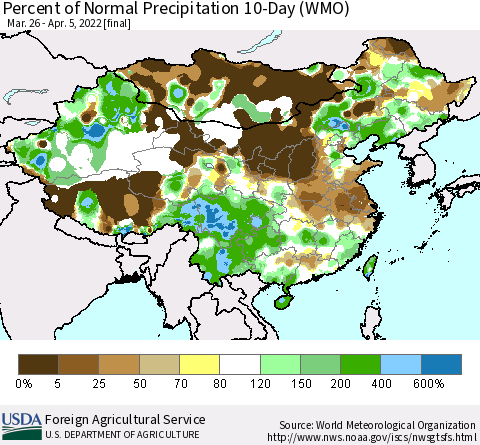 China, Mongolia and Taiwan Percent of Normal Precipitation 10-Day (WMO) Thematic Map For 3/26/2022 - 4/5/2022