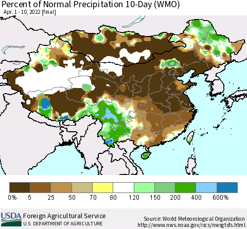 China, Mongolia and Taiwan Percent of Normal Precipitation 10-Day (WMO) Thematic Map For 4/1/2022 - 4/10/2022