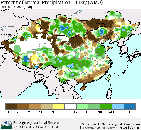 China, Mongolia and Taiwan Percent of Normal Precipitation 10-Day (WMO) Thematic Map For 4/6/2022 - 4/15/2022