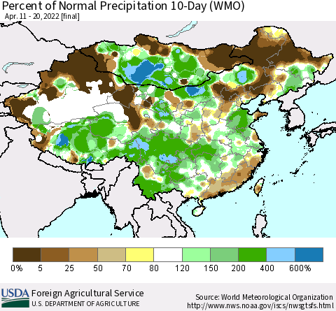 China, Mongolia and Taiwan Percent of Normal Precipitation 10-Day (WMO) Thematic Map For 4/11/2022 - 4/20/2022