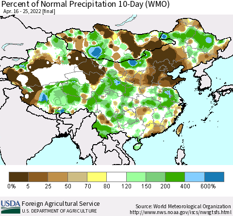 China, Mongolia and Taiwan Percent of Normal Precipitation 10-Day (WMO) Thematic Map For 4/16/2022 - 4/25/2022