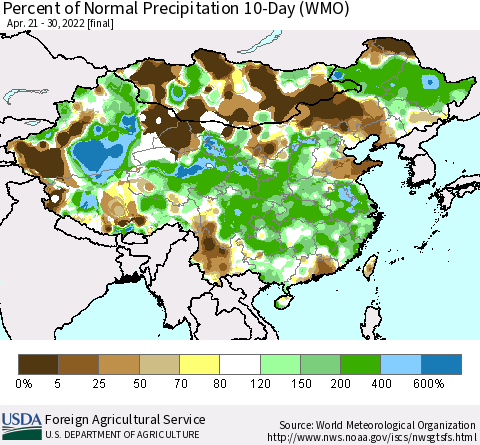 China, Mongolia and Taiwan Percent of Normal Precipitation 10-Day (WMO) Thematic Map For 4/21/2022 - 4/30/2022