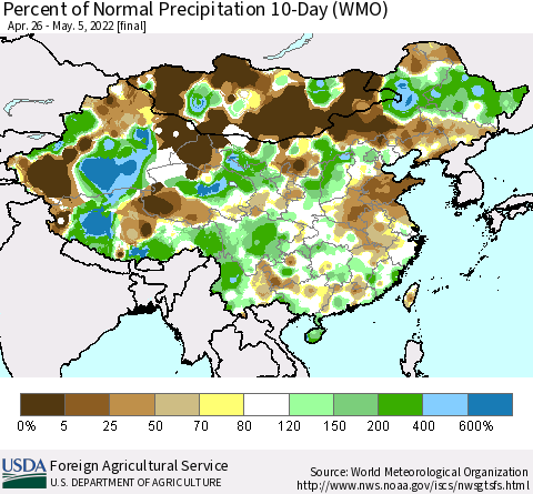 China, Mongolia and Taiwan Percent of Normal Precipitation 10-Day (WMO) Thematic Map For 4/26/2022 - 5/5/2022
