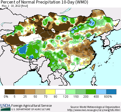 China, Mongolia and Taiwan Percent of Normal Precipitation 10-Day (WMO) Thematic Map For 5/1/2022 - 5/10/2022