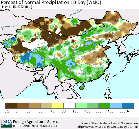 China, Mongolia and Taiwan Percent of Normal Precipitation 10-Day (WMO) Thematic Map For 5/6/2022 - 5/15/2022