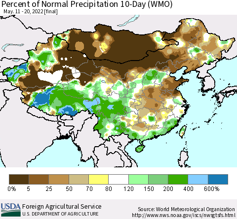 China, Mongolia and Taiwan Percent of Normal Precipitation 10-Day (WMO) Thematic Map For 5/11/2022 - 5/20/2022