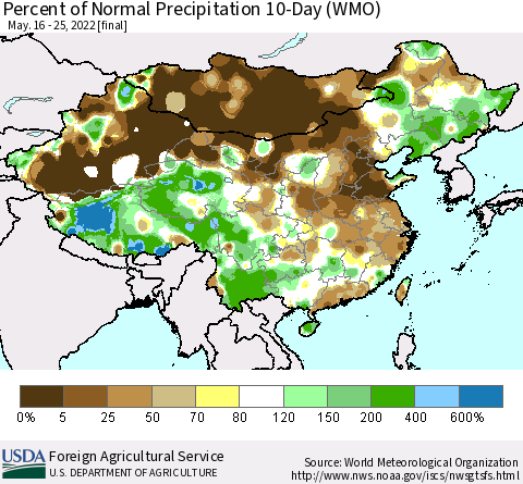 China, Mongolia and Taiwan Percent of Normal Precipitation 10-Day (WMO) Thematic Map For 5/16/2022 - 5/25/2022