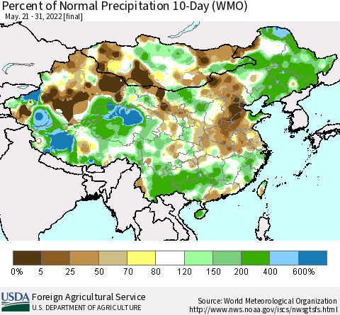 China, Mongolia and Taiwan Percent of Normal Precipitation 10-Day (WMO) Thematic Map For 5/21/2022 - 5/31/2022