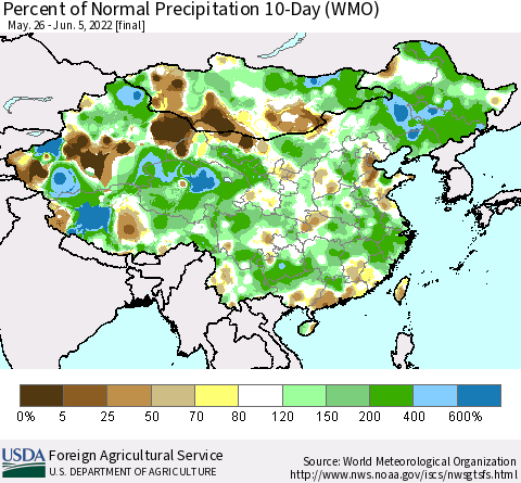 China, Mongolia and Taiwan Percent of Normal Precipitation 10-Day (WMO) Thematic Map For 5/26/2022 - 6/5/2022