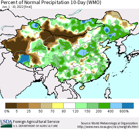 China, Mongolia and Taiwan Percent of Normal Precipitation 10-Day (WMO) Thematic Map For 6/1/2022 - 6/10/2022