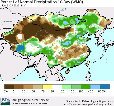 China, Mongolia and Taiwan Percent of Normal Precipitation 10-Day (WMO) Thematic Map For 6/6/2022 - 6/15/2022