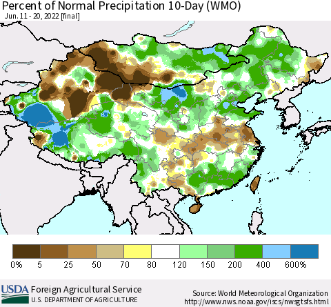 China, Mongolia and Taiwan Percent of Normal Precipitation 10-Day (WMO) Thematic Map For 6/11/2022 - 6/20/2022