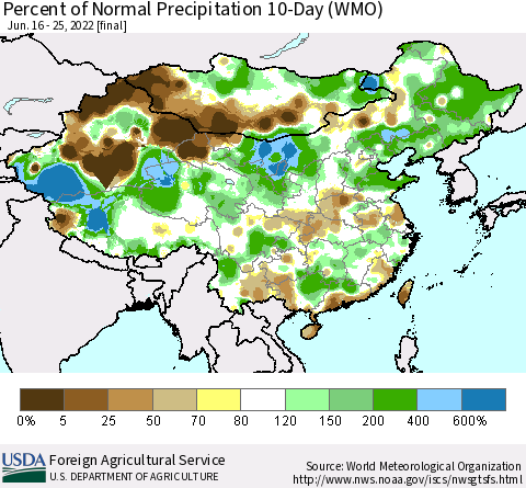 China, Mongolia and Taiwan Percent of Normal Precipitation 10-Day (WMO) Thematic Map For 6/16/2022 - 6/25/2022