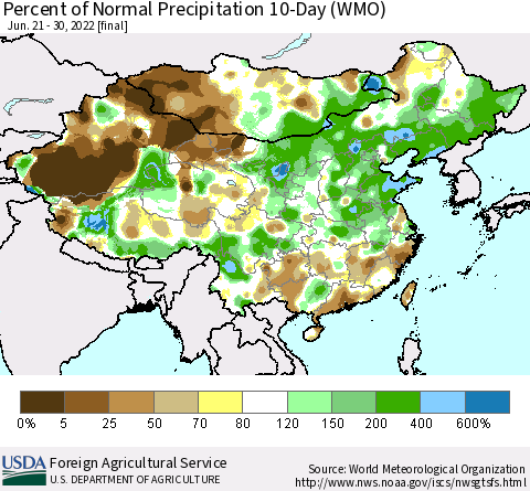 China, Mongolia and Taiwan Percent of Normal Precipitation 10-Day (WMO) Thematic Map For 6/21/2022 - 6/30/2022