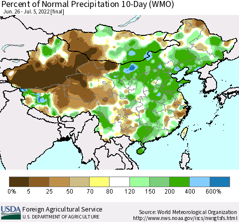 China, Mongolia and Taiwan Percent of Normal Precipitation 10-Day (WMO) Thematic Map For 6/26/2022 - 7/5/2022