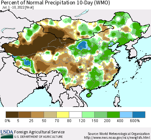 China, Mongolia and Taiwan Percent of Normal Precipitation 10-Day (WMO) Thematic Map For 7/1/2022 - 7/10/2022