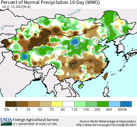 China, Mongolia and Taiwan Percent of Normal Precipitation 10-Day (WMO) Thematic Map For 7/6/2022 - 7/15/2022