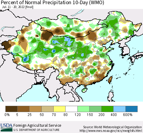 China, Mongolia and Taiwan Percent of Normal Precipitation 10-Day (WMO) Thematic Map For 7/11/2022 - 7/20/2022