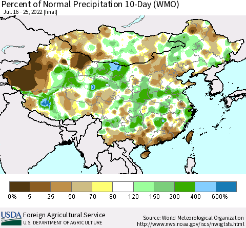 China, Mongolia and Taiwan Percent of Normal Precipitation 10-Day (WMO) Thematic Map For 7/16/2022 - 7/25/2022