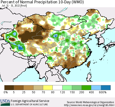 China, Mongolia and Taiwan Percent of Normal Precipitation 10-Day (WMO) Thematic Map For 7/21/2022 - 7/31/2022