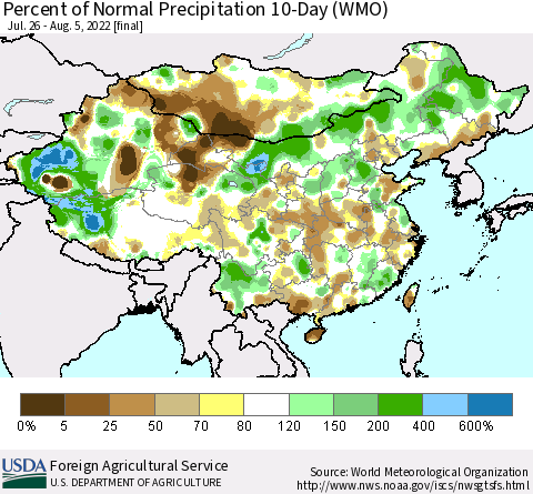 China, Mongolia and Taiwan Percent of Normal Precipitation 10-Day (WMO) Thematic Map For 7/26/2022 - 8/5/2022