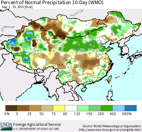 China, Mongolia and Taiwan Percent of Normal Precipitation 10-Day (WMO) Thematic Map For 8/1/2022 - 8/10/2022