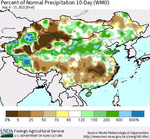 China, Mongolia and Taiwan Percent of Normal Precipitation 10-Day (WMO) Thematic Map For 8/6/2022 - 8/15/2022