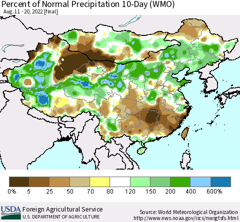 China, Mongolia and Taiwan Percent of Normal Precipitation 10-Day (WMO) Thematic Map For 8/11/2022 - 8/20/2022