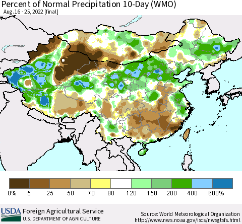 China, Mongolia and Taiwan Percent of Normal Precipitation 10-Day (WMO) Thematic Map For 8/16/2022 - 8/25/2022