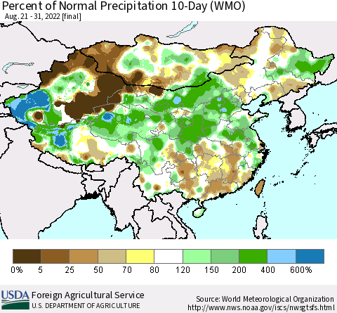 China, Mongolia and Taiwan Percent of Normal Precipitation 10-Day (WMO) Thematic Map For 8/21/2022 - 8/31/2022