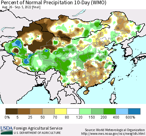 China, Mongolia and Taiwan Percent of Normal Precipitation 10-Day (WMO) Thematic Map For 8/26/2022 - 9/5/2022