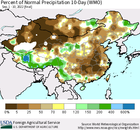 China, Mongolia and Taiwan Percent of Normal Precipitation 10-Day (WMO) Thematic Map For 9/1/2022 - 9/10/2022