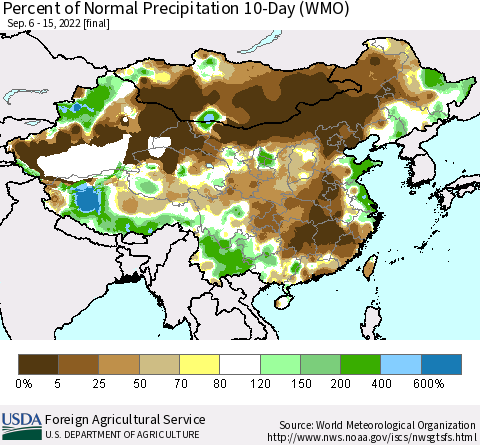 China, Mongolia and Taiwan Percent of Normal Precipitation 10-Day (WMO) Thematic Map For 9/6/2022 - 9/15/2022