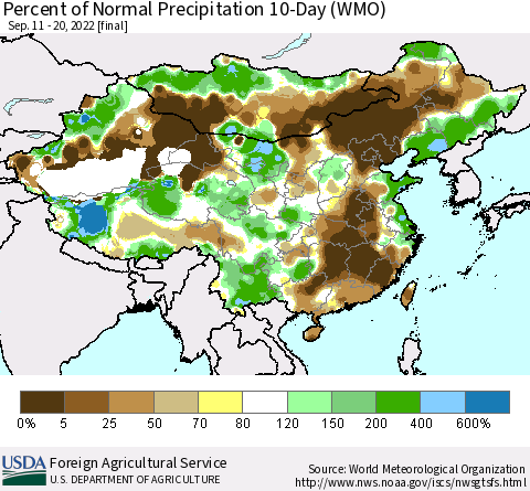 China, Mongolia and Taiwan Percent of Normal Precipitation 10-Day (WMO) Thematic Map For 9/11/2022 - 9/20/2022