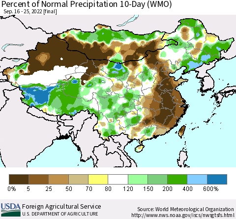 China, Mongolia and Taiwan Percent of Normal Precipitation 10-Day (WMO) Thematic Map For 9/16/2022 - 9/25/2022