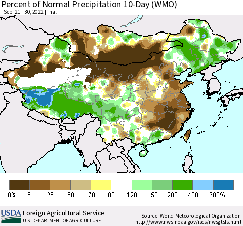 China, Mongolia and Taiwan Percent of Normal Precipitation 10-Day (WMO) Thematic Map For 9/21/2022 - 9/30/2022