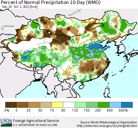 China, Mongolia and Taiwan Percent of Normal Precipitation 10-Day (WMO) Thematic Map For 9/26/2022 - 10/5/2022