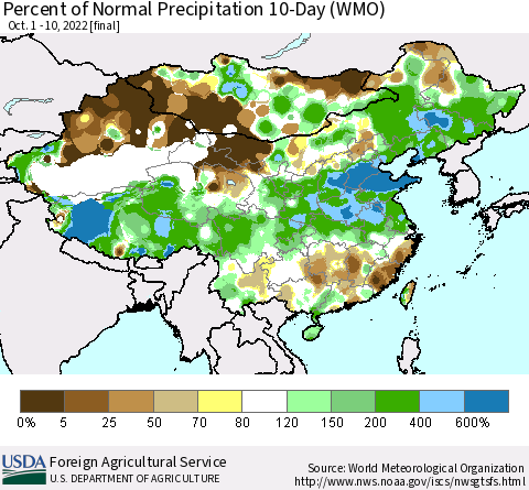 China, Mongolia and Taiwan Percent of Normal Precipitation 10-Day (WMO) Thematic Map For 10/1/2022 - 10/10/2022