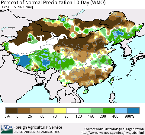 China, Mongolia and Taiwan Percent of Normal Precipitation 10-Day (WMO) Thematic Map For 10/6/2022 - 10/15/2022
