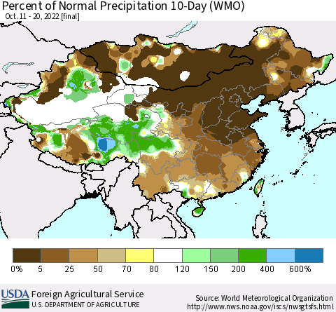 China, Mongolia and Taiwan Percent of Normal Precipitation 10-Day (WMO) Thematic Map For 10/11/2022 - 10/20/2022