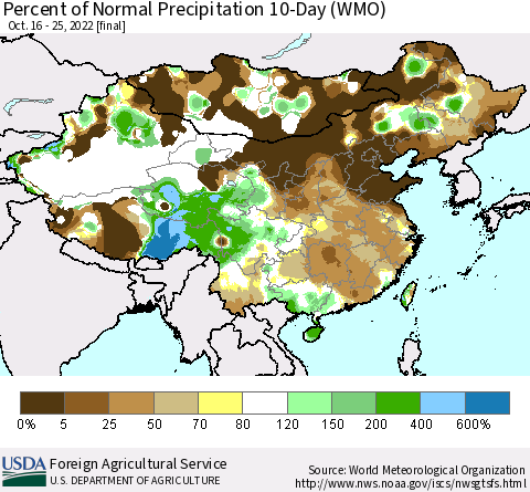 China, Mongolia and Taiwan Percent of Normal Precipitation 10-Day (WMO) Thematic Map For 10/16/2022 - 10/25/2022