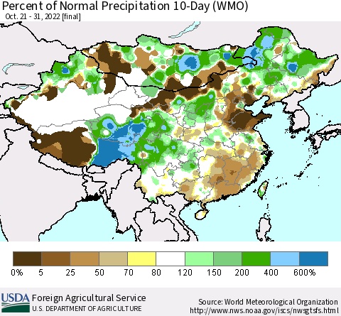 China, Mongolia and Taiwan Percent of Normal Precipitation 10-Day (WMO) Thematic Map For 10/21/2022 - 10/31/2022