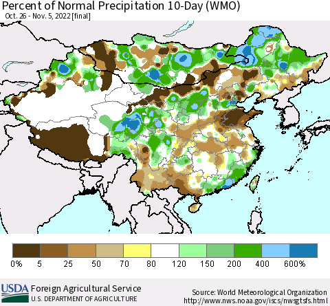 China, Mongolia and Taiwan Percent of Normal Precipitation 10-Day (WMO) Thematic Map For 10/26/2022 - 11/5/2022