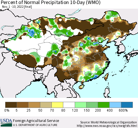 China, Mongolia and Taiwan Percent of Normal Precipitation 10-Day (WMO) Thematic Map For 11/1/2022 - 11/10/2022