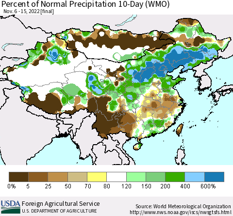 China, Mongolia and Taiwan Percent of Normal Precipitation 10-Day (WMO) Thematic Map For 11/6/2022 - 11/15/2022