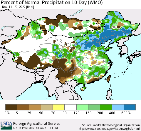 China, Mongolia and Taiwan Percent of Normal Precipitation 10-Day (WMO) Thematic Map For 11/11/2022 - 11/20/2022